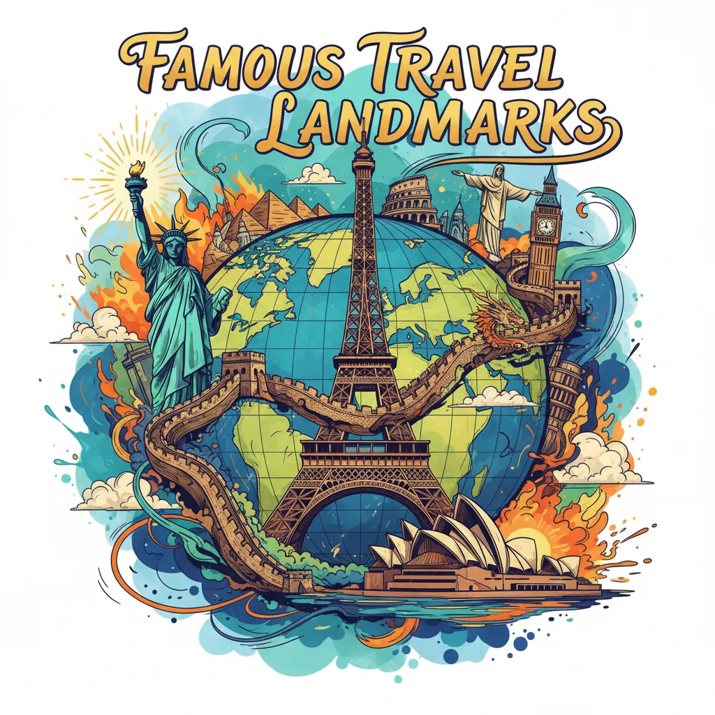 Famous travel landmarks collage