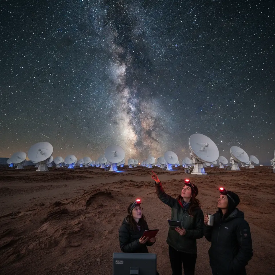 Atacama Desert Nightscape with ALMA Array: a high-altitude panorama showing the Atacama’s radio telescope dishes angled toward a brilliant Milky Way core over a vast, arid plateau under crystal-clear starlight