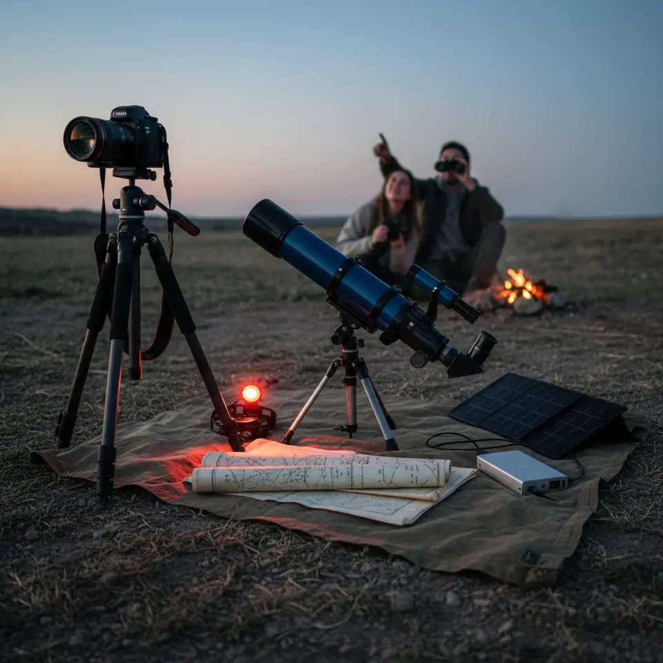 Astro-Tourism Gear Layout: a flat-lay scene of essential equipment at twilight—compact Dobsonian telescope, DSLR camera with wide-angle lens on a sturdy tripod, red-filter headlamp, printed star charts, portable solar panel and power bank—set against a dimly lit campsite background