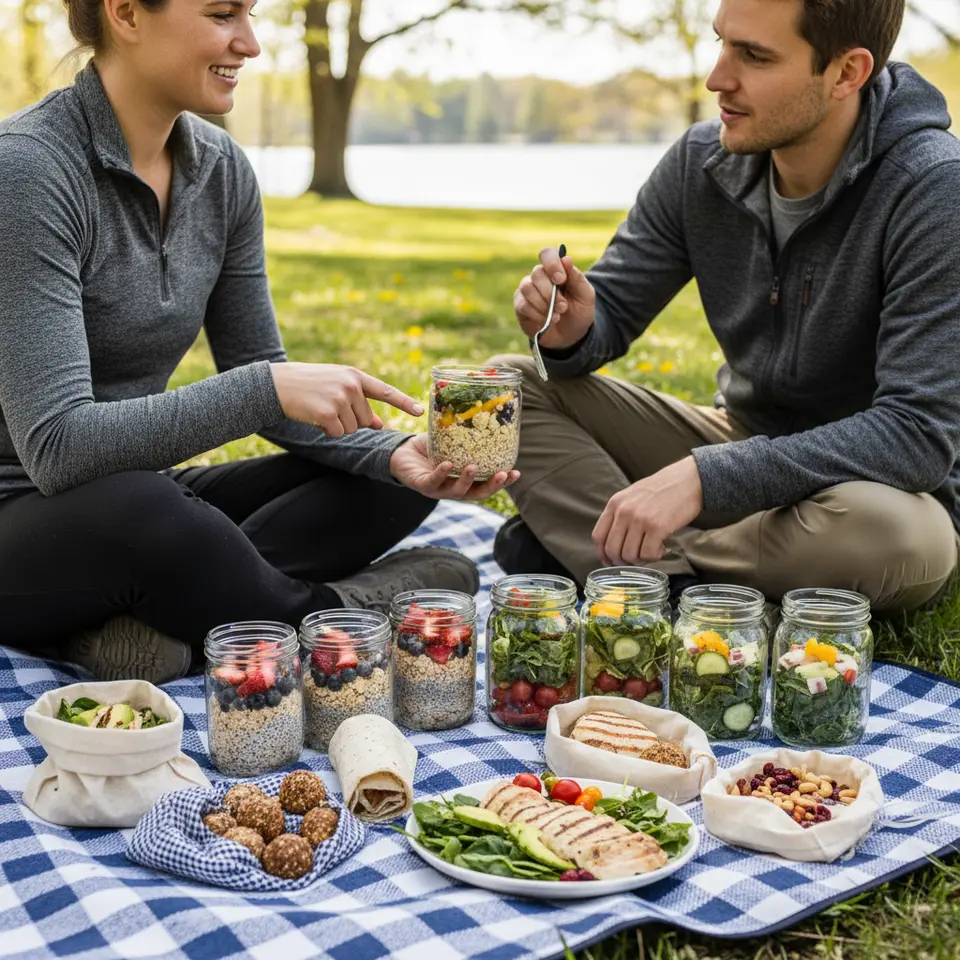 Strategic Meal Planning and Preparation: A vibrant flat-lay of portable, balanced travel meals—layered overnight oats in glass jars with berries and chia seeds, colorful mason-jar salads overflowing with veggies and quinoa, whole-grain wraps stuffed with lean protein and avocado slices, plus portioned snack pouches containing mixed nuts and honey-sweetened energy balls—arranged neatly on a picnic blanket or foldable travel table.