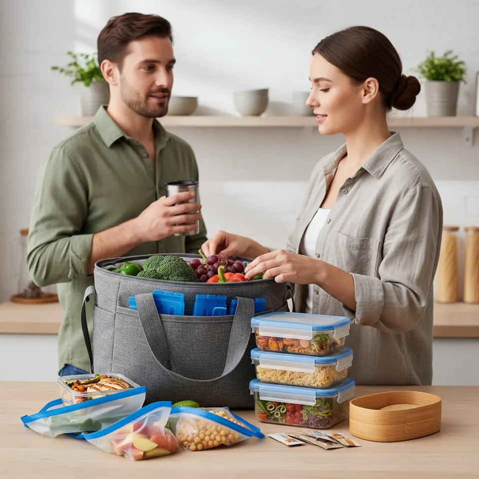 Smart Packing and Storage Techniques: A detailed scene showcasing travel meal gear—a sturdy insulated tote lined with reusable gel ice packs keeping fresh produce cool, stackable BPA-free leakproof containers filled with prepped meals, collapsible silicone bags holding chopped fruits and roasted chickpeas, and a minimalist bento-style box alongside sealed nut butter packets—set against a light, neutral backdrop.