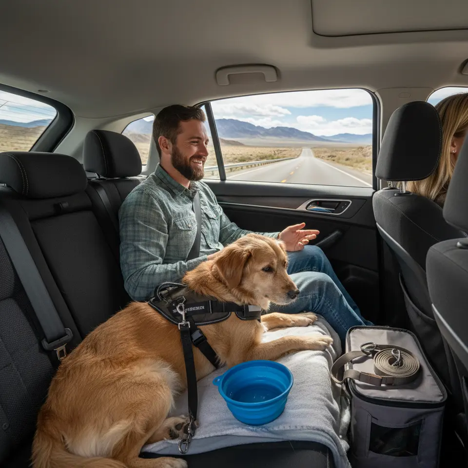 Road-trip pet transportation scene: a medium-sized dog secured in a crash-tested harness on a car’s backseat, a collapsible water bowl beside it, leash and travel crate in view, with a scenic highway passing by outside the window