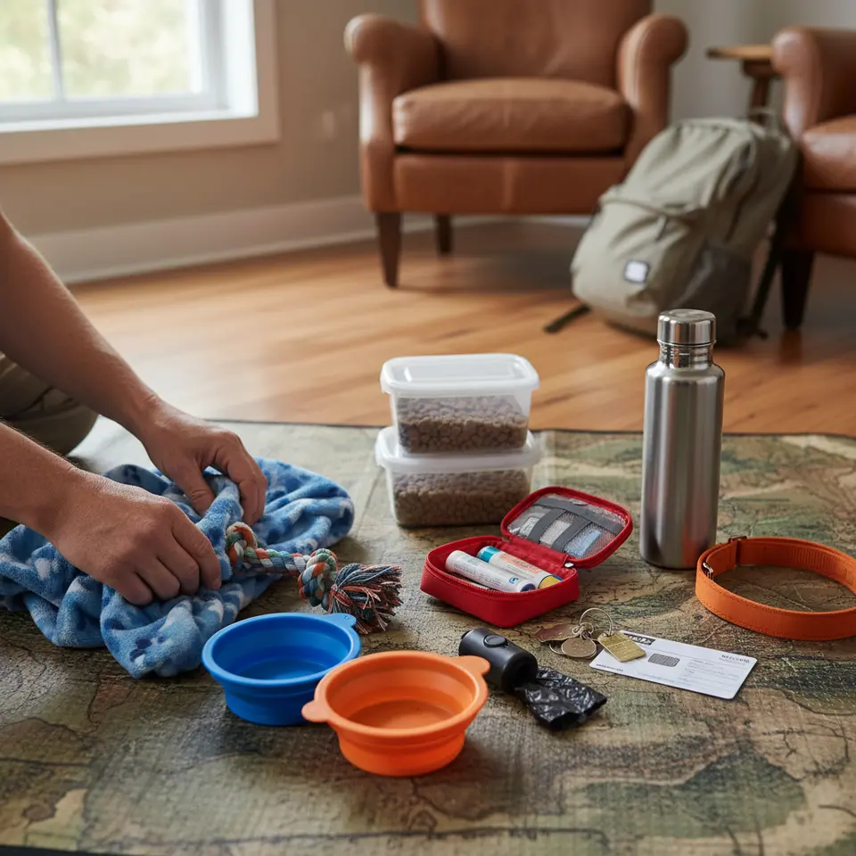 Flat-lay of essential pet travel gear: collapsible bowls and water bottles, pre-measured food containers, portable first-aid kit, ID tags and microchip card, reflective collar, familiar blanket and toys, plus waste bags neatly arranged on a travel mat