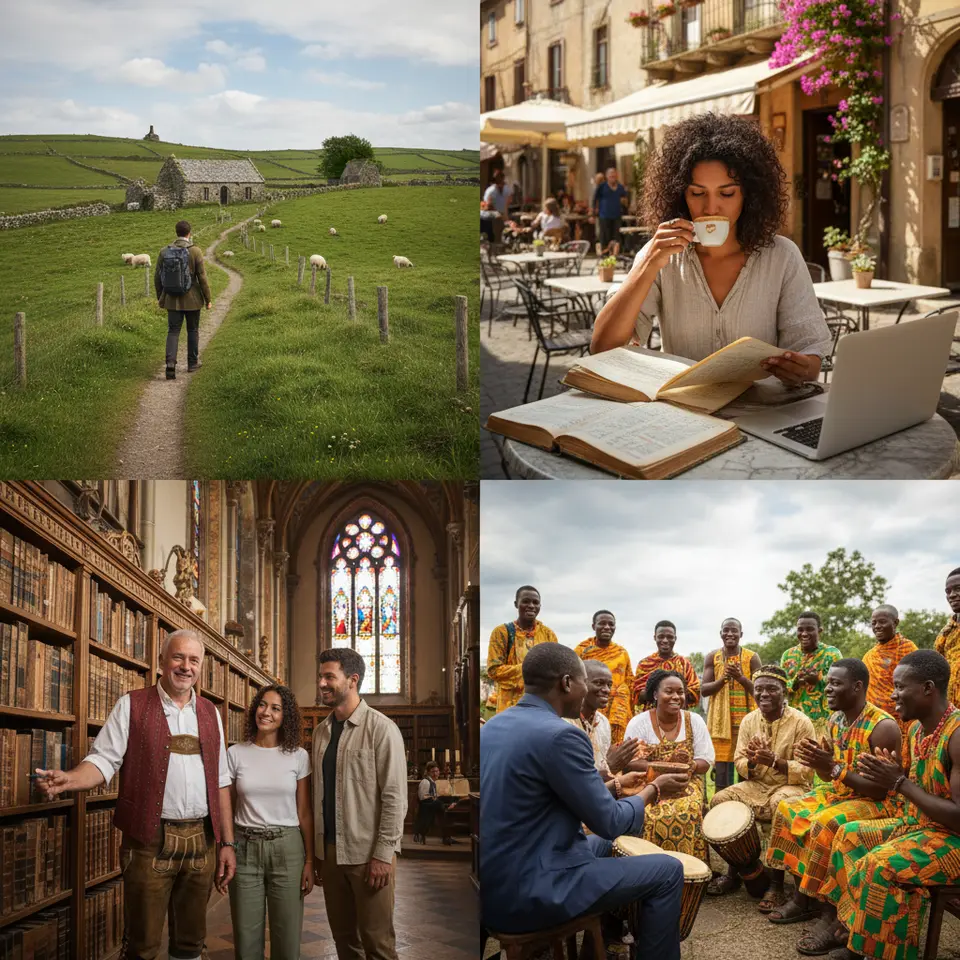 A vibrant collage of heritage travel destinations: a traveler strolling through rolling green hills toward an ancient stone cottage in rural Ireland, another sipping espresso at a sunlit café in an Italian village while reviewing old parish records, a genealogist guiding a visitor into a Bavarian church registry hall, and a group participating in a traditional welcome ceremony in a Ghanaian community.