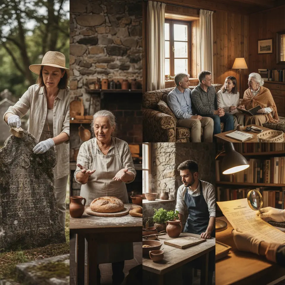 Immersive ancestry activities: a visitor carefully cleaning and photographing ornate tombstones during a cemetery walk, attending a rustic cooking workshop where an artisan shows ancestral recipes, sharing stories with a host family in a cozy home-stay living room, and handling fragile historical documents with gloved hands in a local archive.