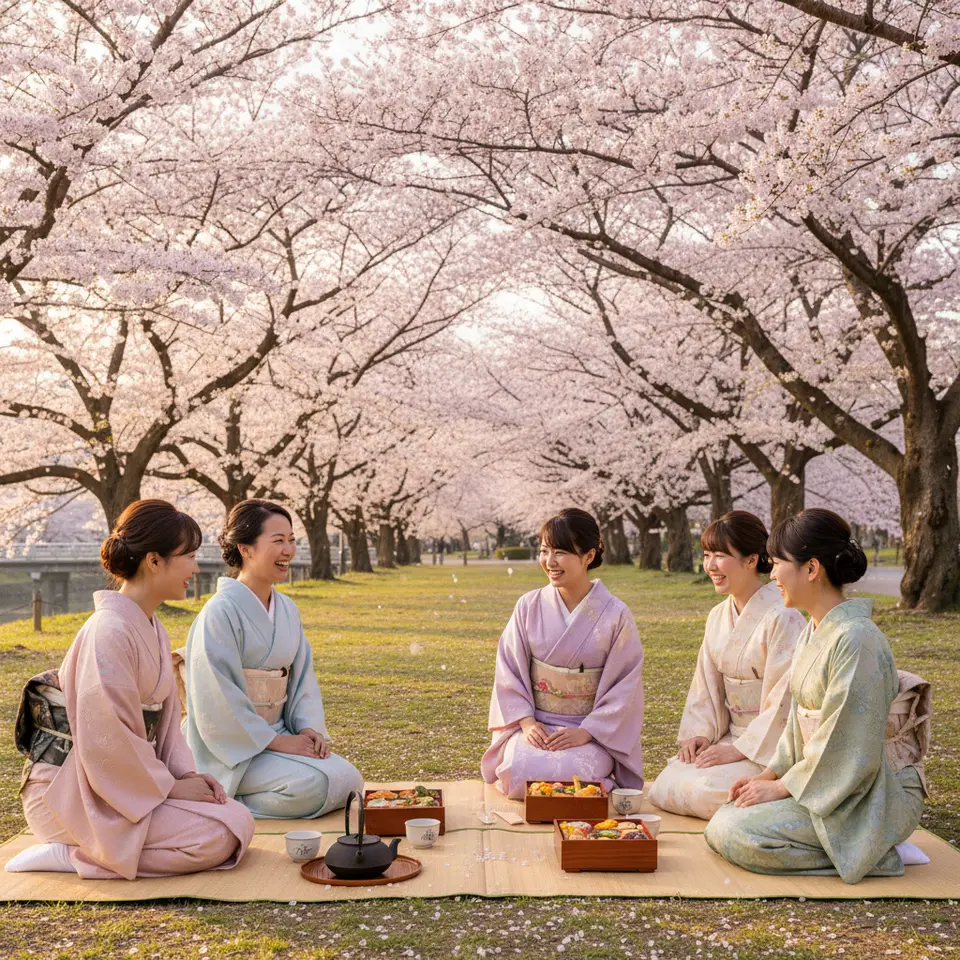 Spring Awakening: A serene hanami scene in Kyoto’s Maruyama Park—petal-laden cherry trees arching over picnic mats strewn with bento boxes, locals in pastel kimonos sharing tea beneath a canopy of soft pink blossoms at dawn’s gentle light.