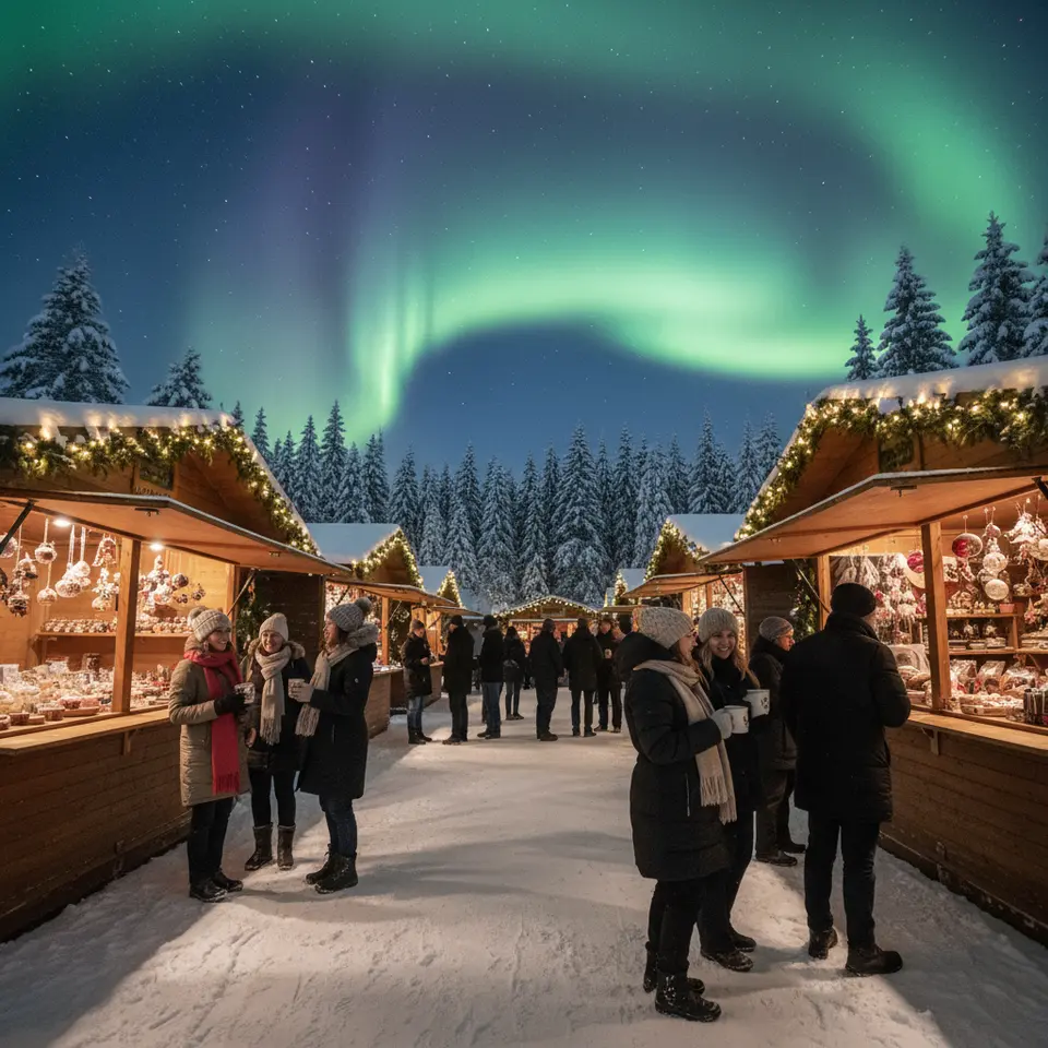 Winter Wanderlust: A cozy northern winter tableau—glowing wood-stalls of a German Christmas market twinkling with strings of lights, visitors in wool scarves sipping steaming glühwein against a backdrop of snow-topped fir trees under dancing green and violet aurora borealis.