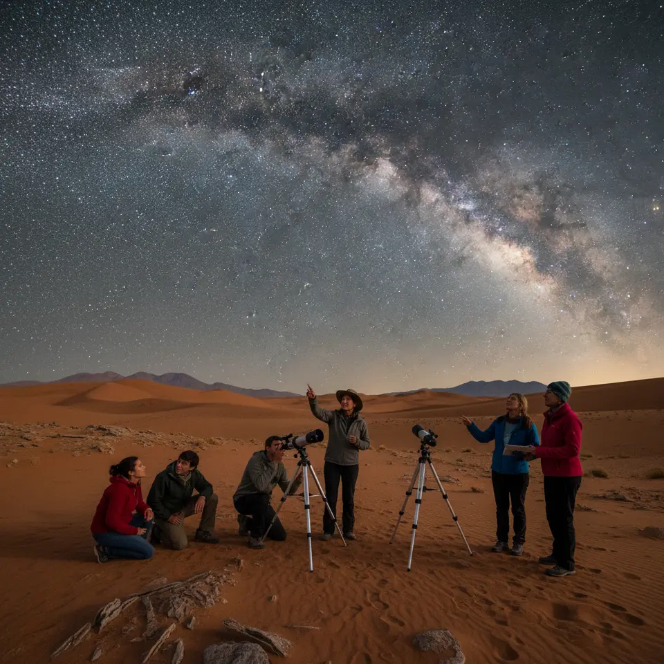 Guided stargazing in Chile’s Atacama Desert: a small group of travelers with telescopes on the lunar-like dunes of Valle de la Luna, bathed in starlight under a brilliant Milky Way arch