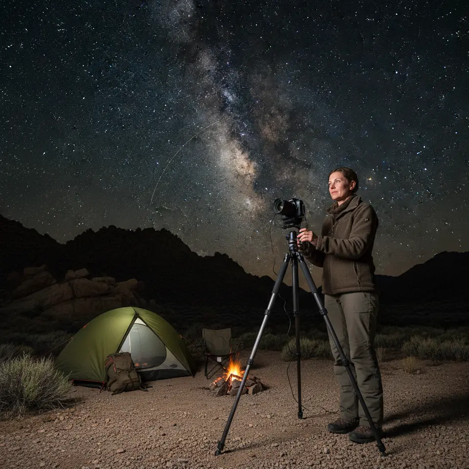Astrophotography equipment setup in a remote dark-sky location: a DSLR with fast wide-angle lens and star-tracking mount on a sturdy tripod, remote shutter release in hand, capturing long-exposure star trails and the Milky Way above a minimalist campsite