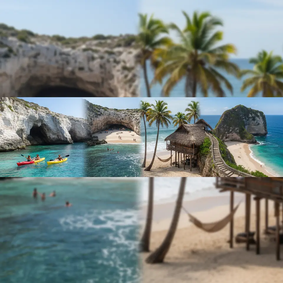 Hidden Beach Escapes – Four global hideaways illustrated in a single panoramic scene: (1) Cala Luna, Sardinia – a turquoise horseshoe cove embraced by towering limestone cliffs and sea grottoes with a couple of sea-kayaks gliding on clear water; (2) Playa del Amor, Mexico – a sunlit volcanic crater opening to a powdery-sand courtyard ringed by weathered rock walls and snorkeling travelers; (3) Third Beach, Brazil – gentle rolling surf lapping a palm-fringed shoreline with rustic seafood shacks and a hammock swaying in the breeze; (4) Kelingking Beach, Indonesia – the iconic T-Rex–shaped limestone headland overlooking azure waves and a winding stair descent to a secluded white-sand crescent.