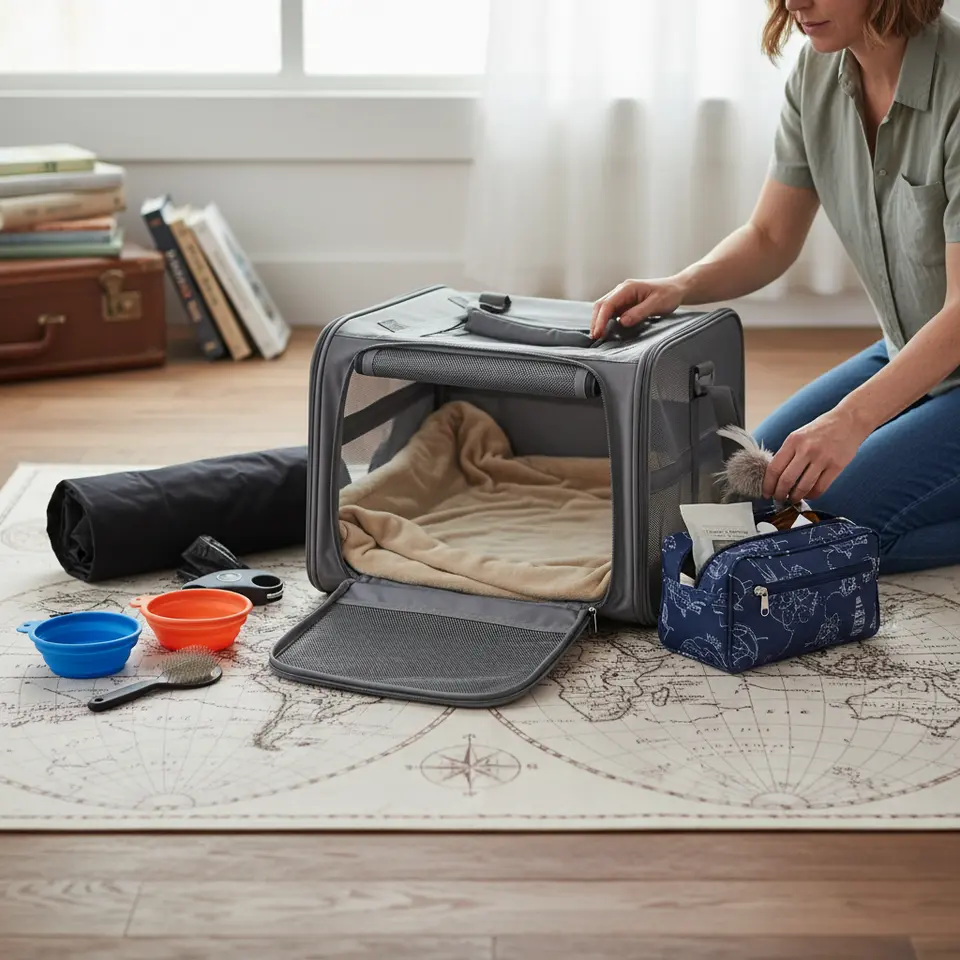 Comprehensive Travel Kit Layout: a neatly arranged flat-lay of pet travel essentials including an airline-approved ventilated carrier, collapsible water and food bowls, waste bags, a portable litter box for cats, grooming tools (brush, comb), calming toy or blanket, and a waterproof organizer, all set on a travel-themed background.