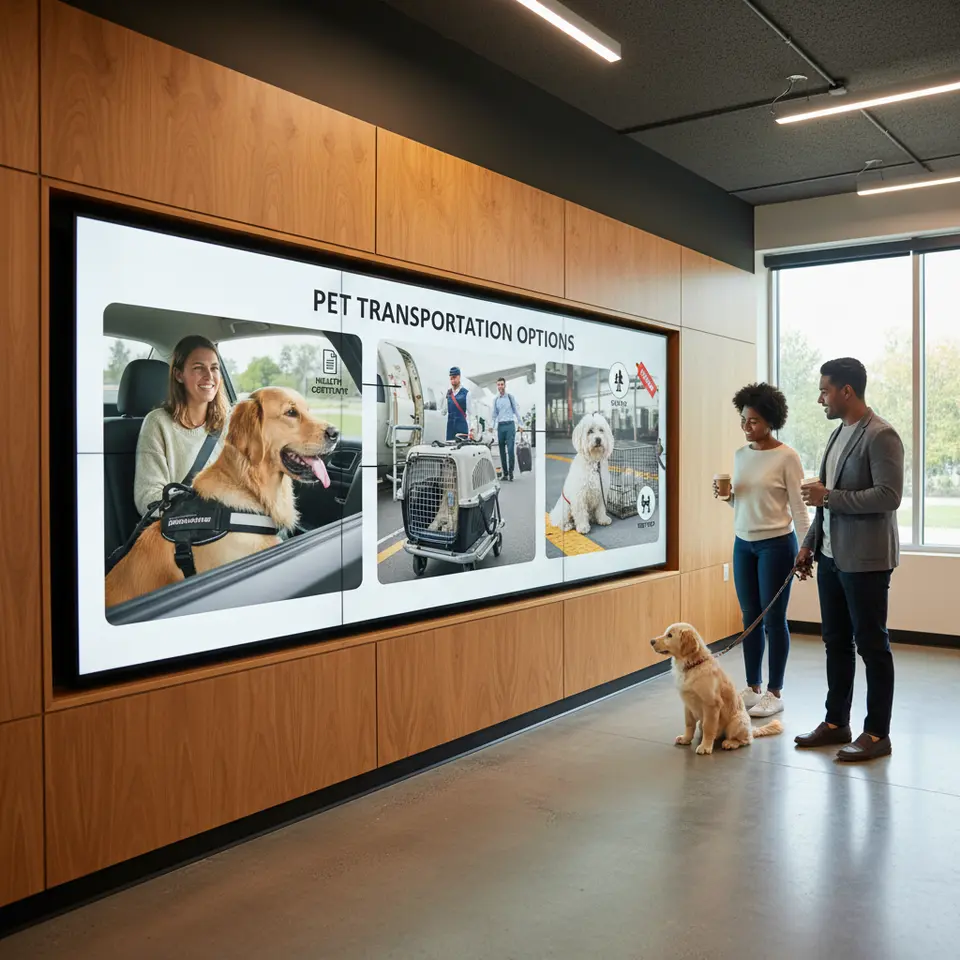 Pet Transportation Options Infographic: a multi-panel illustration showing a dog secured in a crash-tested harness in a car’s back seat, a cat inside an airline-approved crate positioned near an airplane cabin door, and a small dog waiting on a train platform with labeled safety features (health certificate, “Live Animal” tag, rest stop icons).